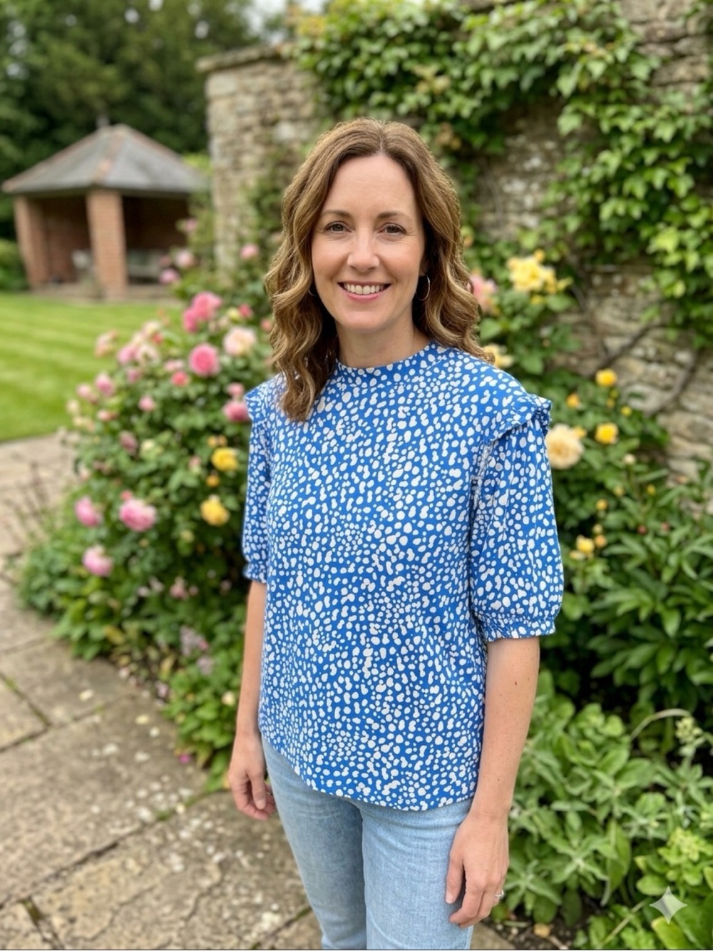 Joules Blue White Speckled Puff-Sleeve Blouse Size 16